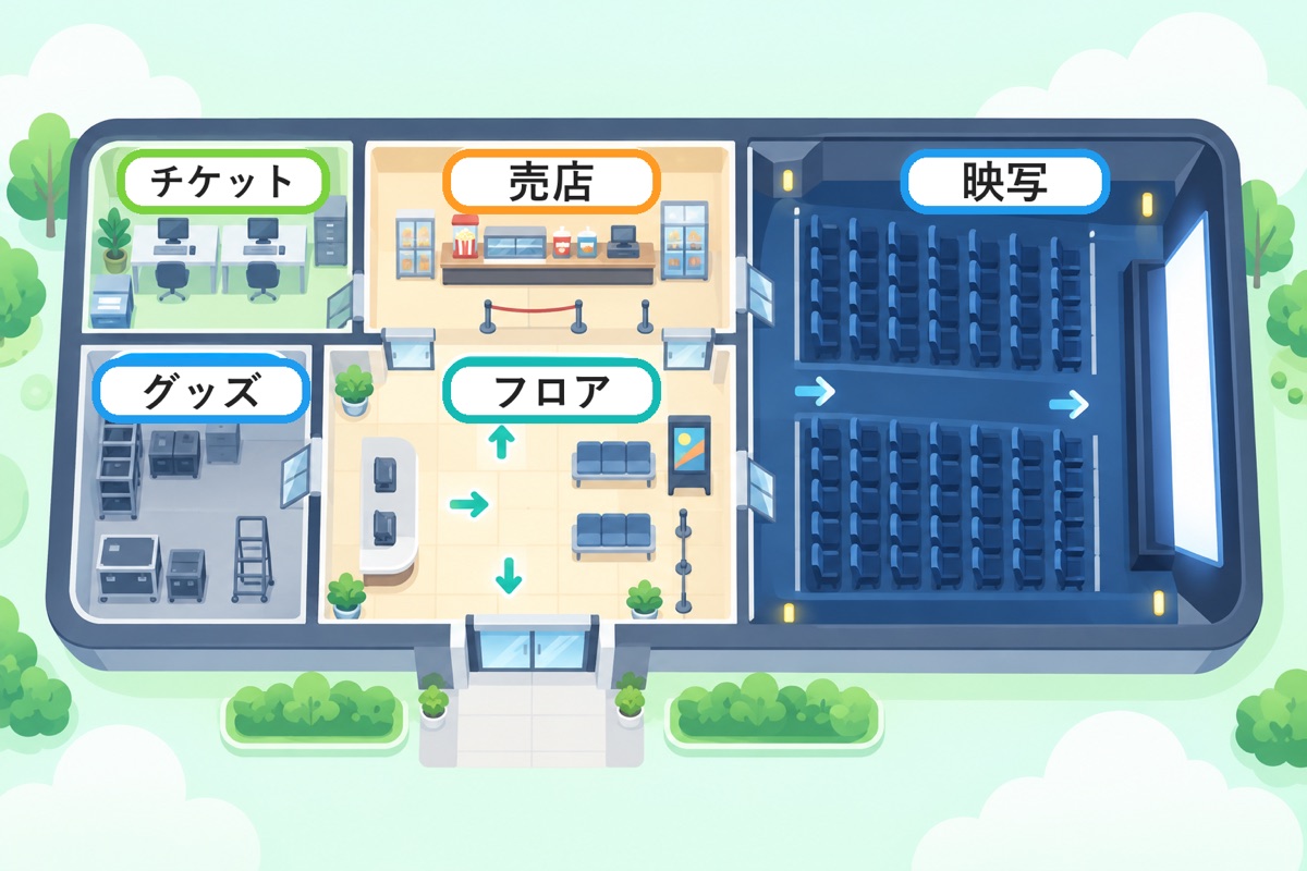 映画館スタッフの仕事内容は、劇場のなかで4〜6つの部門に分かれている