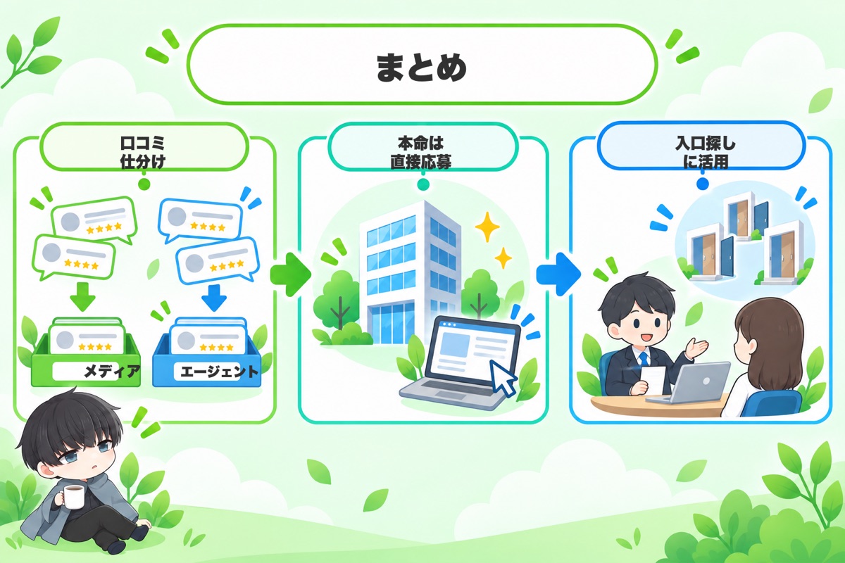 まとめ：口コミは「どのサービスの話か」で読む。本命は直接応募、入口探しにエージェントを使う