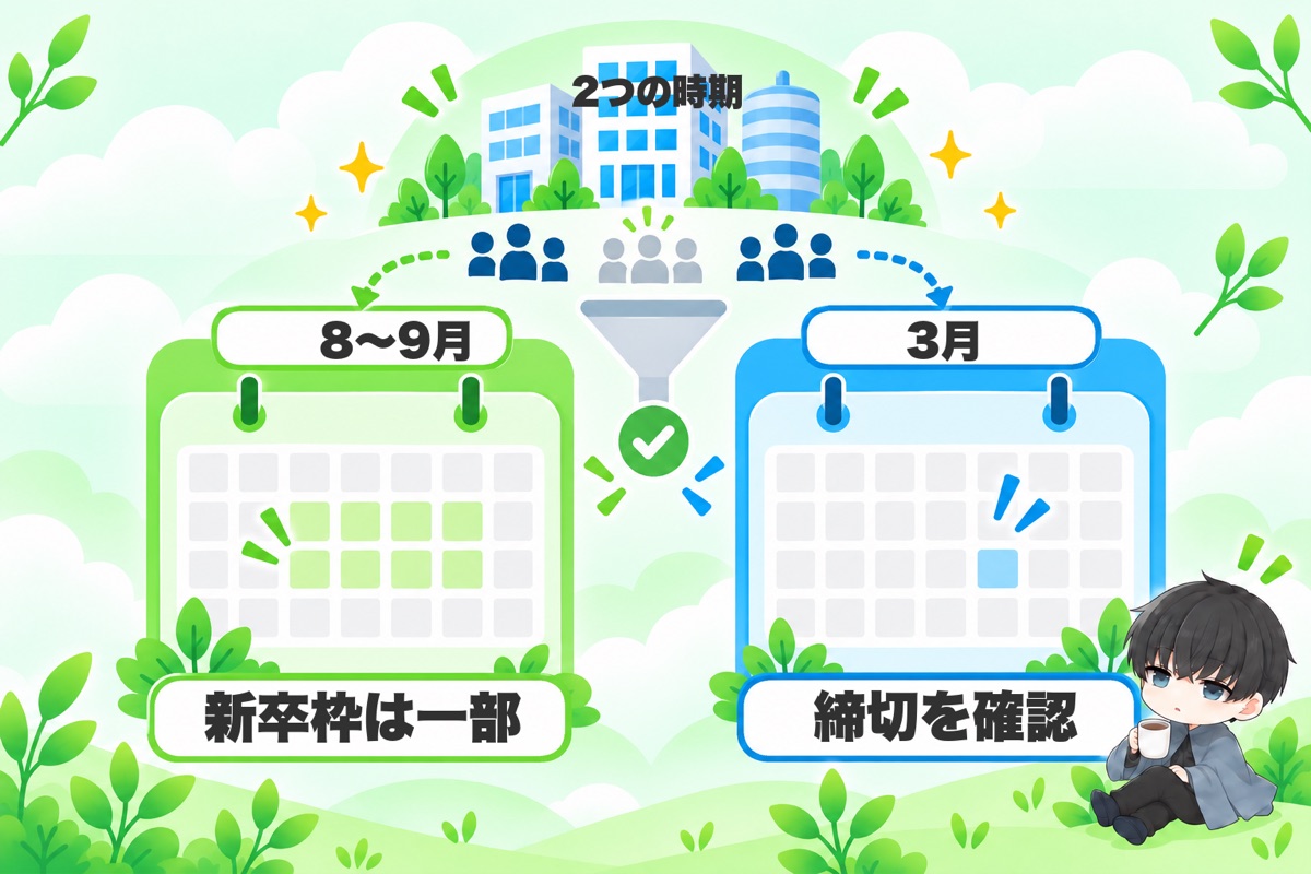 結論:新卒枠を公式に出しているのは一部。時期は8〜9月と3月に分かれる