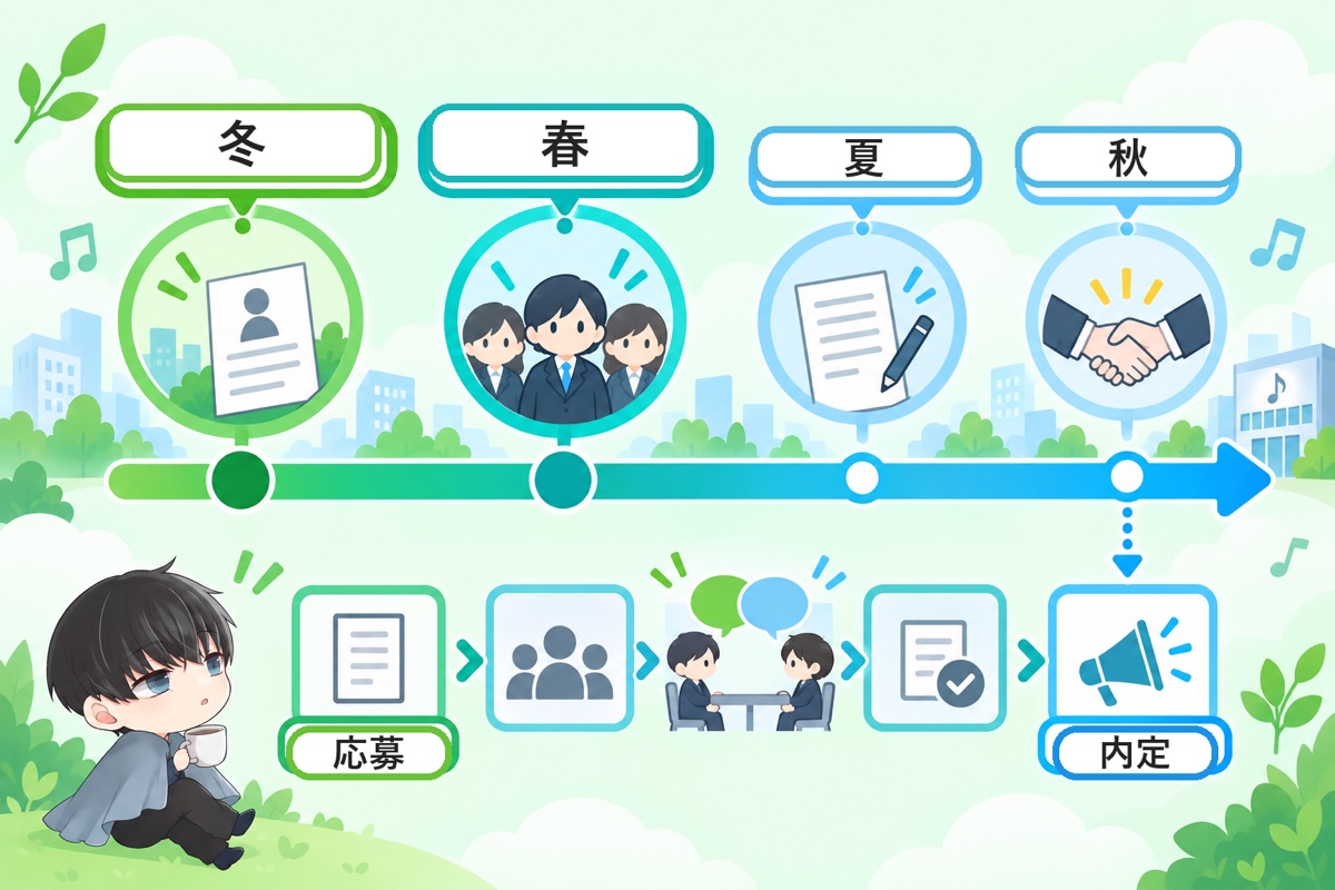 選考フローと時期：本エントリーは1月から3月に集中する
