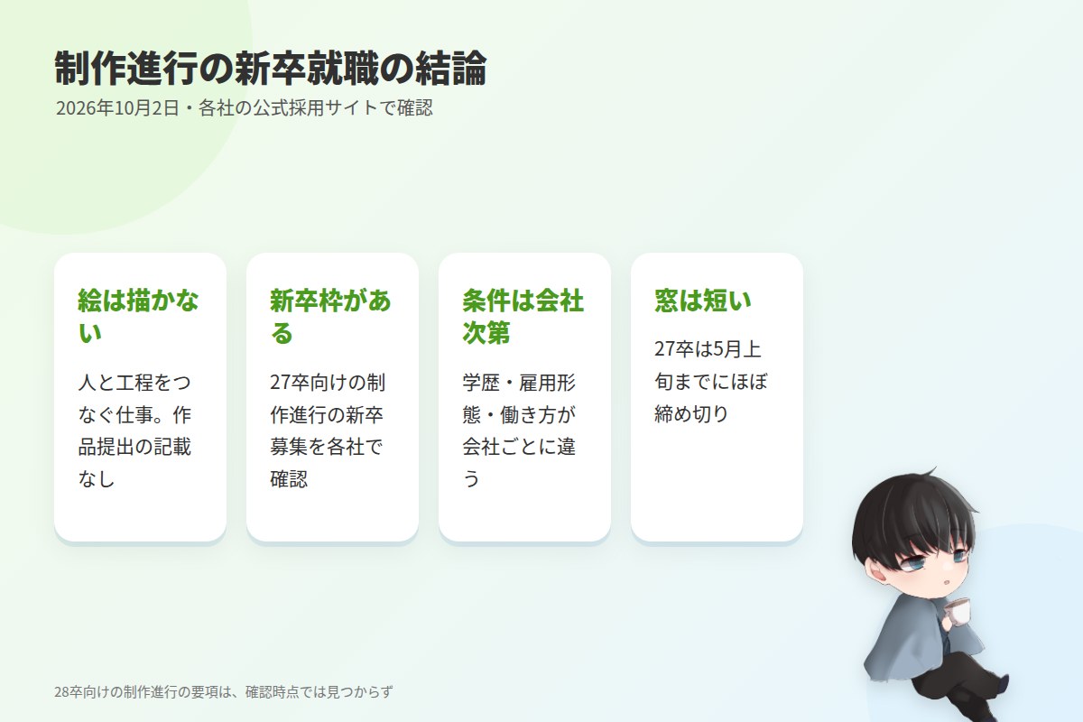 結論：制作進行は絵を描かずに新卒で入れる職種。ただし募集の窓は短い