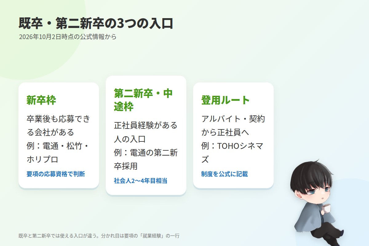 結論:既卒・第二新卒の入口は「新卒枠」「第二新卒・中途枠」「アルバイト・契約からの登用」の3つ