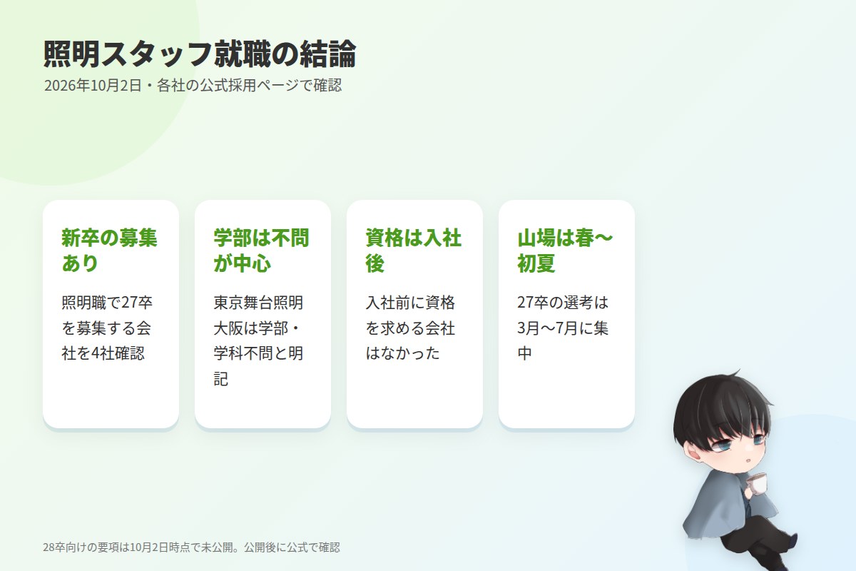 結論:照明スタッフは新卒で目指せる。入口は「照明会社」「劇場の技術会社」「劇団の技術部門」